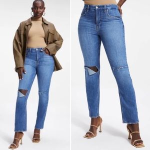 GOOD AMERICAN Good 90s Icon Straight Leg Jeans Ripped Knee Indigo Size 8/29